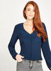 Button Front V Neck Long Sleeve Blouse, Navy, large