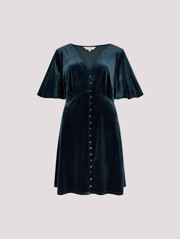 Velvet Button-Down Mini Dress, Teal, large