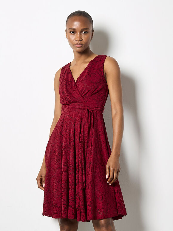 Floral Lace Fit And Flare Mini Dress, Burgundy, large