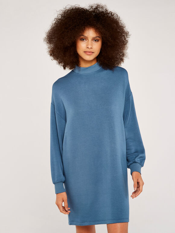 Mock Neck Jumper Mini Dress, Blue, large