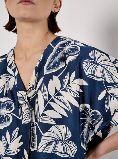 Tropical Leaf Print Satin T-Shirt