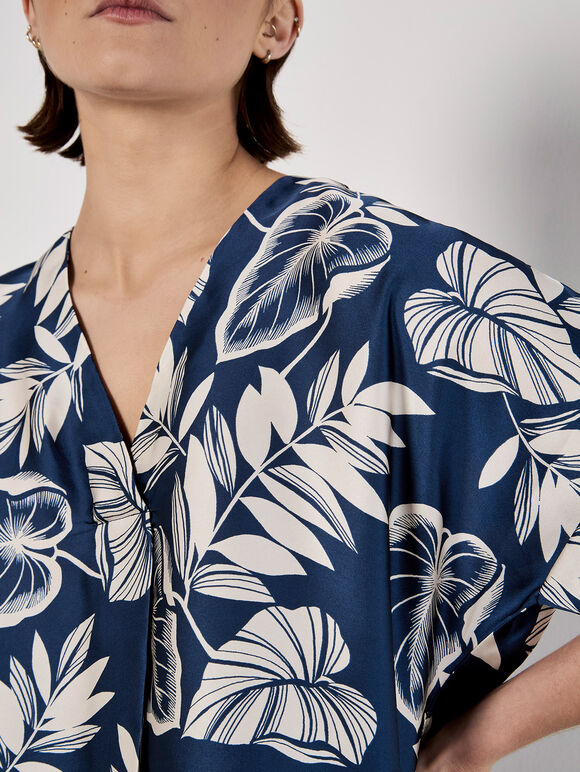 Tropical Leaf Print Satin T-Shirt, Navy, large