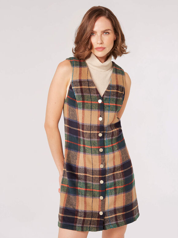 Checked Pinafore Mini Dress, Brown, large