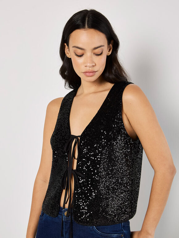 Double Tie Sequin Waistcoat, Black, large