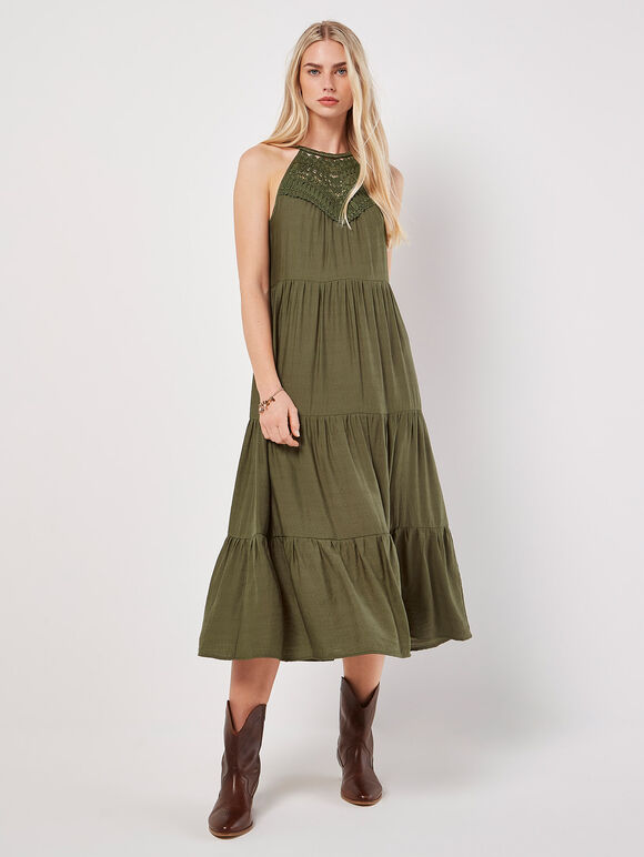 Lace Halter Neck Tiered Midi Dress, Khaki, large