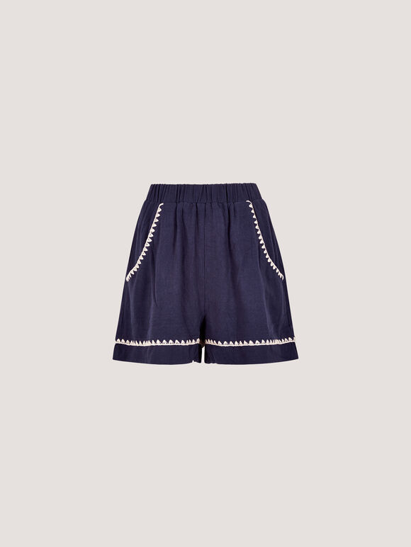 Stitch Detail Linen Blend Shorts, Navy, large