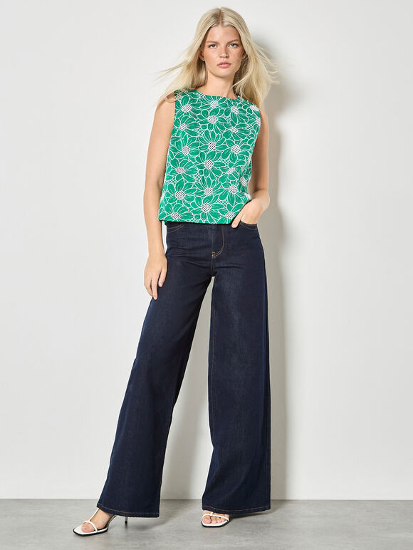 Floral Lace Embroidered Shell Top, Green, large