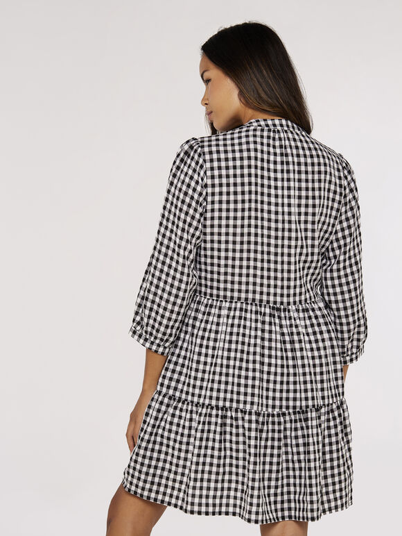 Checked Tiered Mini Dress, Black, large