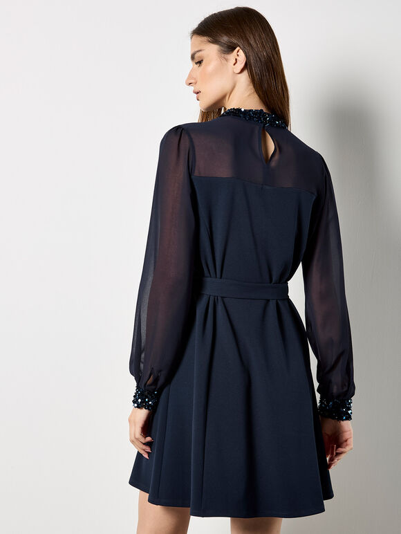Sequin Trim Belted Mini Dress, Navy, large