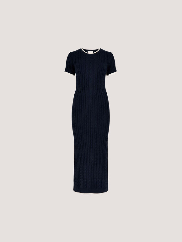 Cable Knit Contrast Trim Midi Dress, Navy, large