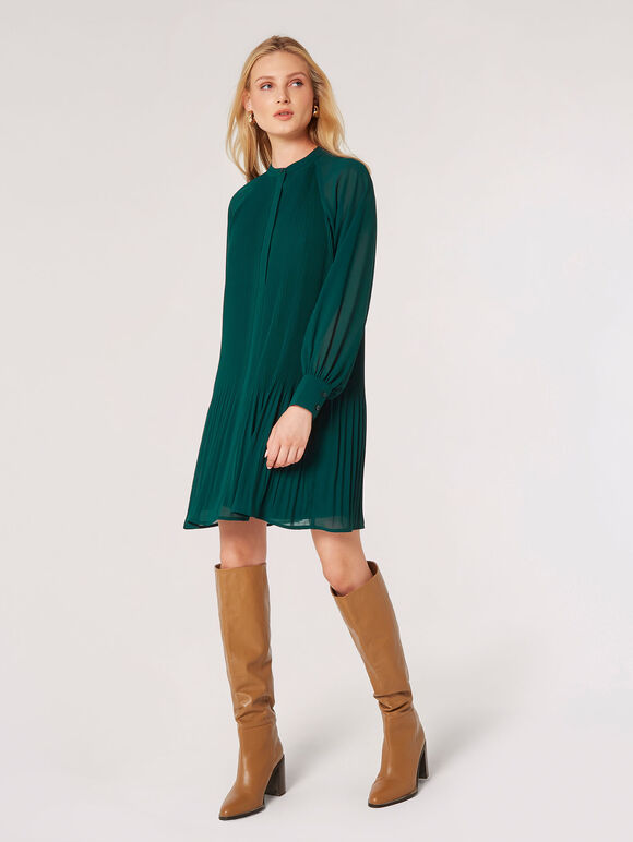 Chiffon Plisse Mini Dress, Green, large