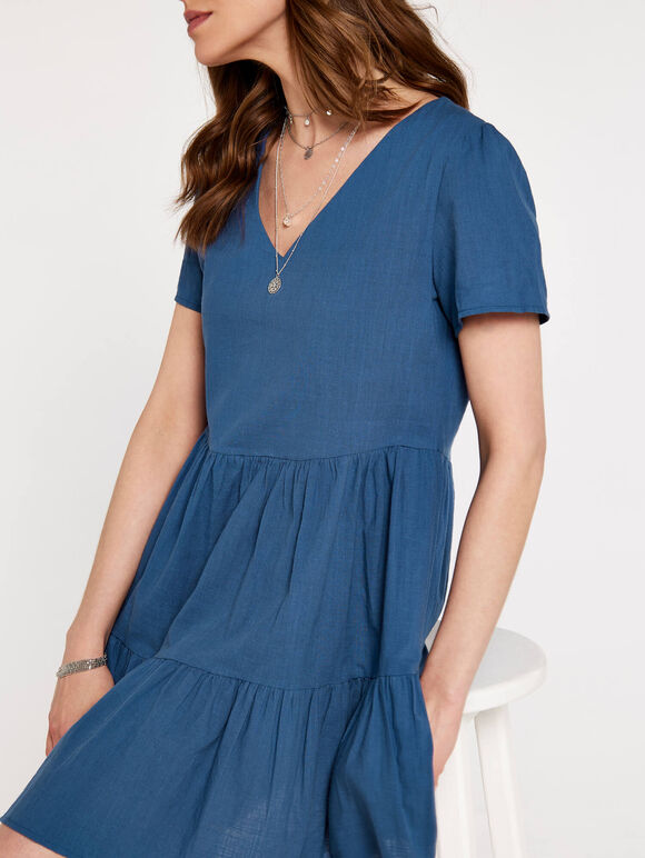 Cotton Neck Tiered Dress, Blue, large