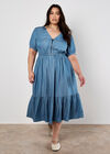 Denim Zip Tiered Midi Dress, Blue, large