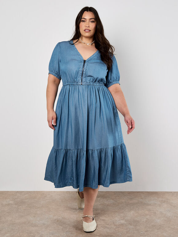 Denim Zip Tiered Midi Dress, Blue, large