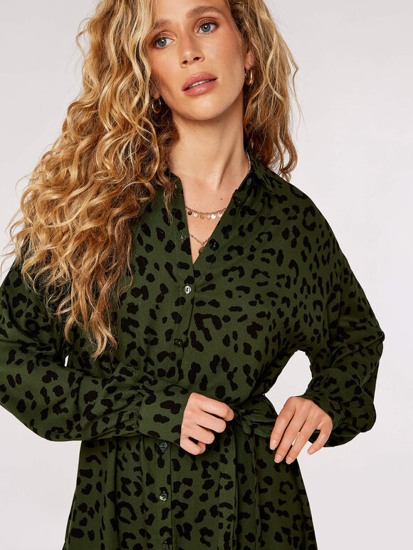 Leopard Print Shirt Mini Dress, Green, large