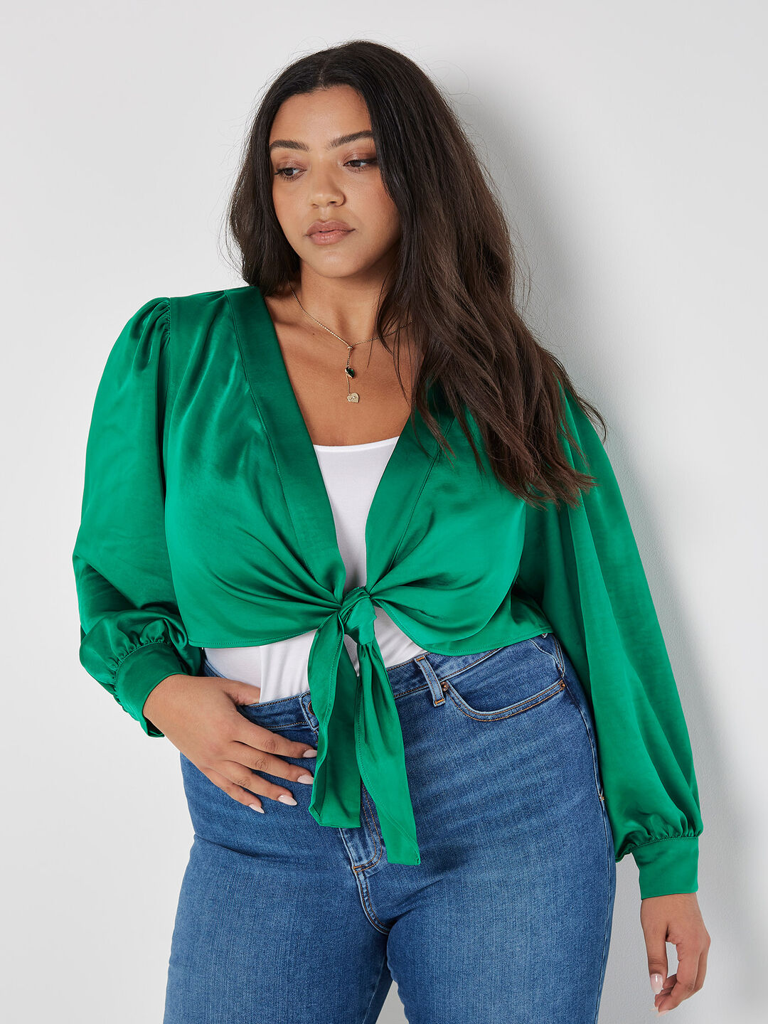 Image of Curve Satin Tie Front Top