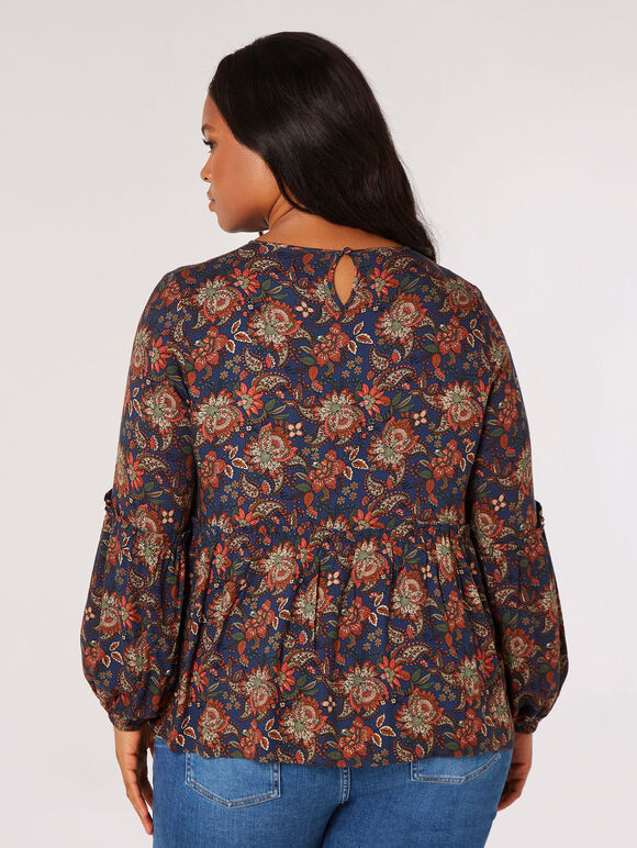 Curve Sarasa Floral Ruffle Top, Navy, large