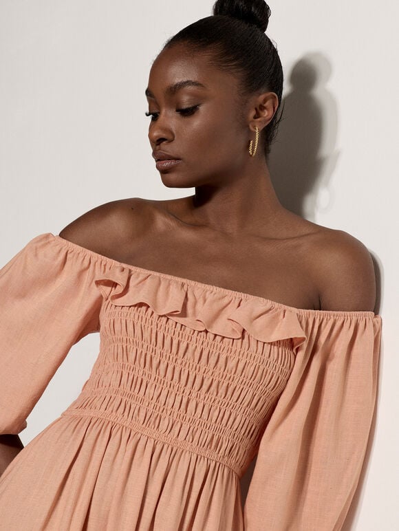 Smocked Bardot Maxi Dress, Peach, large