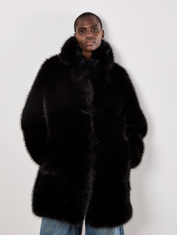Faux Fur Longline Coat, Black, large