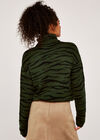 Zebra Drawstring Roll Neck Jumper, Green, large