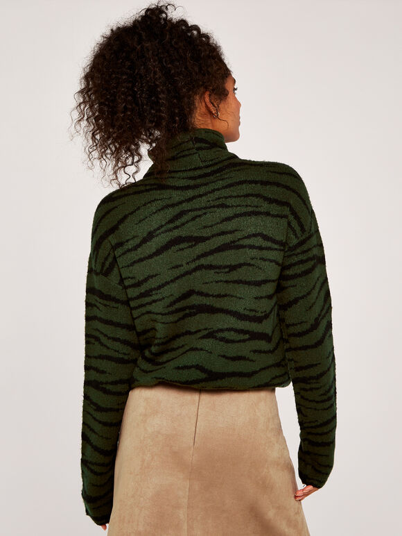 Zebra Drawstring Roll Neck Jumper, Green, large
