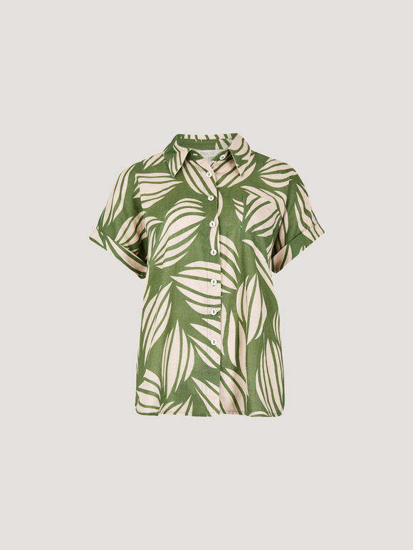 Linen Blend Shell Print Shirt, Green, large