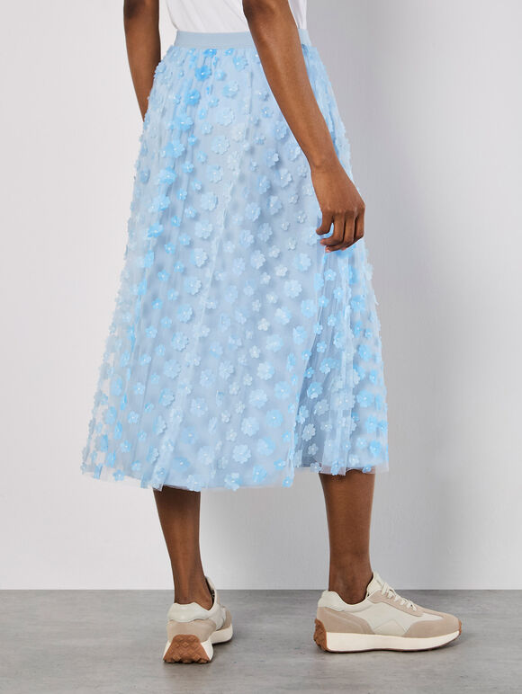 Applique Flowers Tulle Midi Skirt, Blue, large
