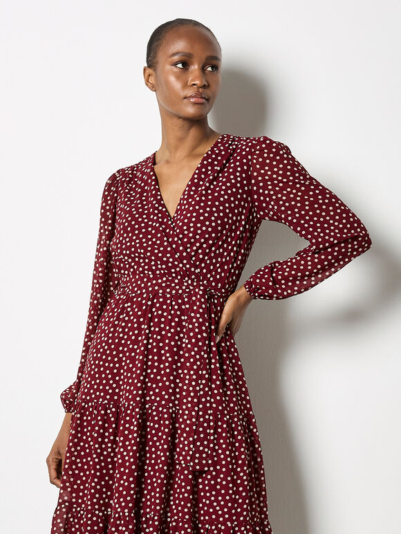Polka Dot Chiffon Wrap Midi Dress, Burgundy, large