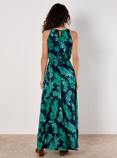 Tropical Leaf Satin Halter Neck Maxi Dress