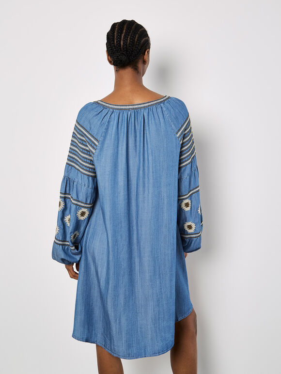 Aztec Embroidered Denim Mini Dress, Blue, large