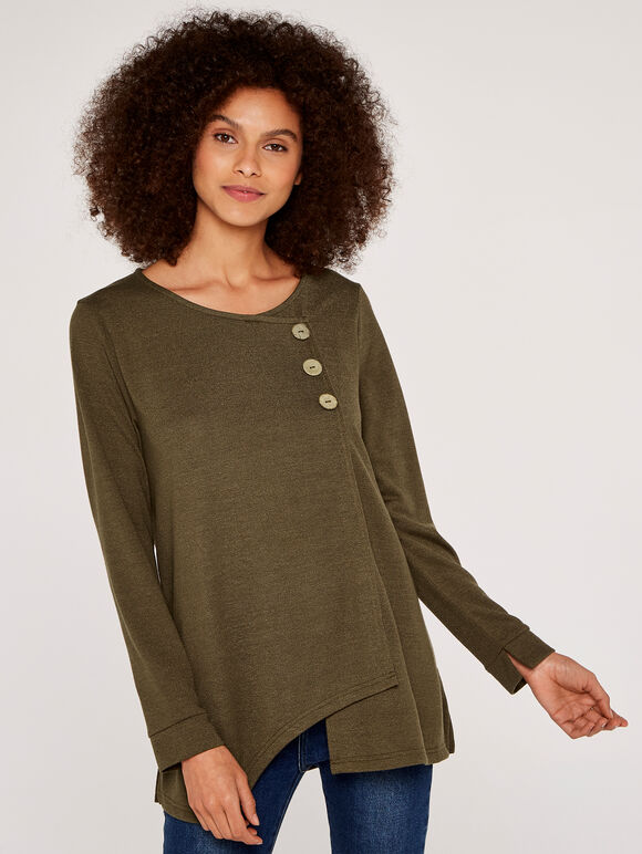 Button Long Sleeve Top, Khaki, large