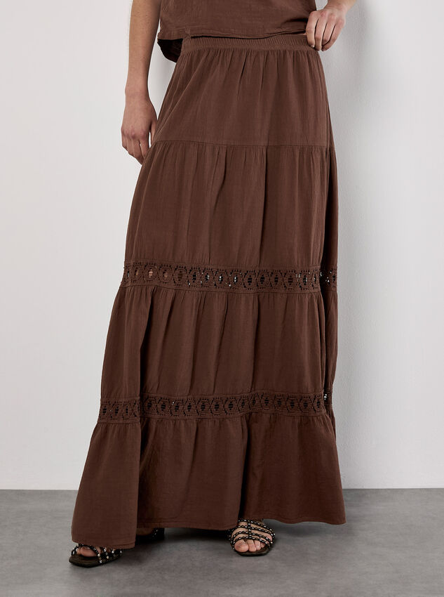 Tiered Crochet Insert Maxi Skirt, Brown, large