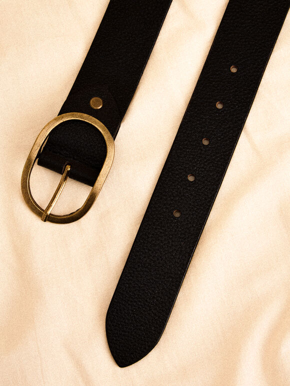 Leather Gold Buckle Belt, Black, large