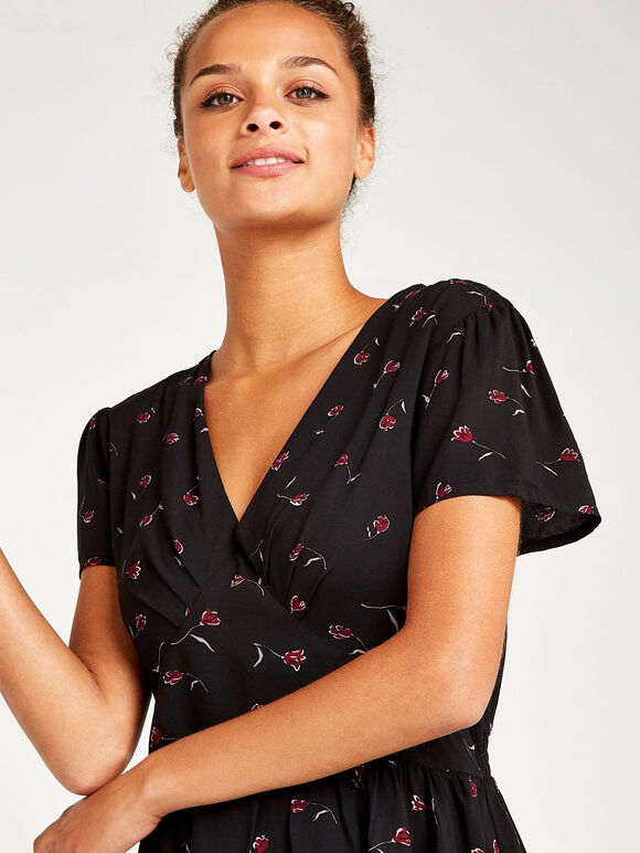 Black Vintage Ditsy Empire Dress, Black, large
