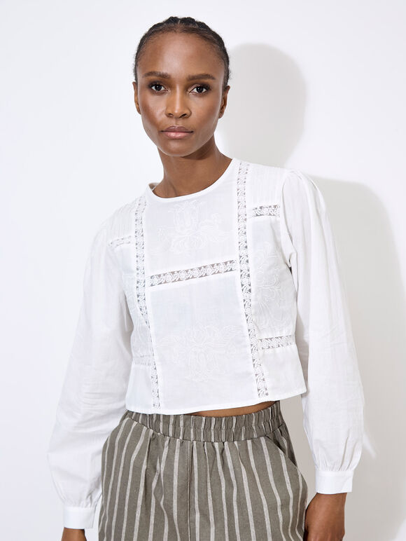 Lace Embroidered Cotton Top, White, large