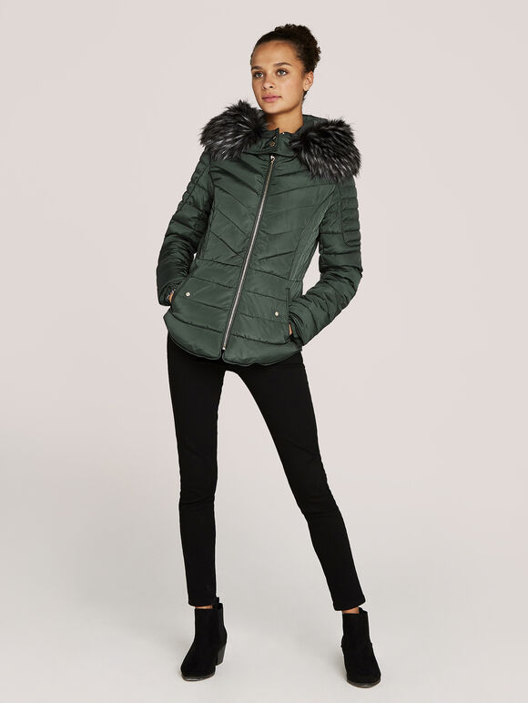 Faux Fur Hood Puffer Jacket, Green, large