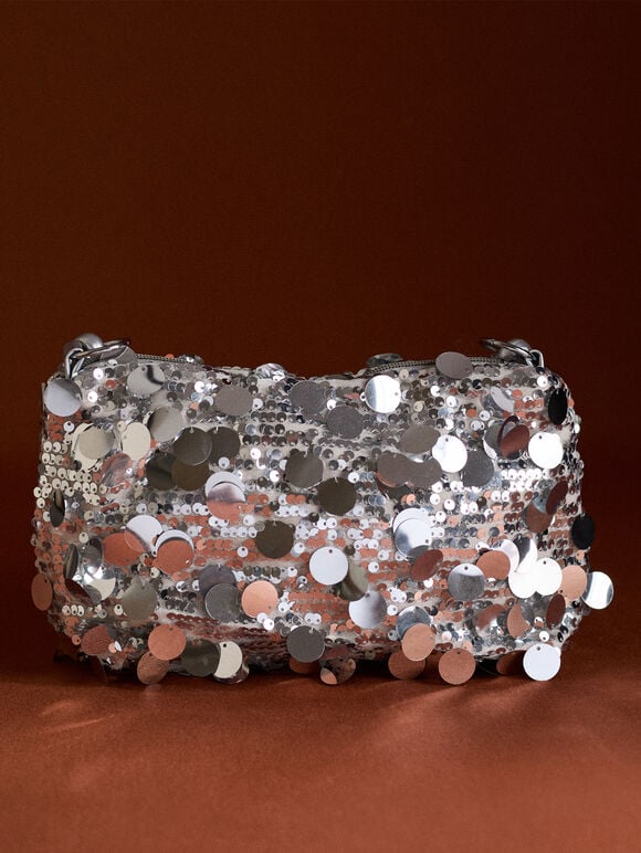 Sequinned Shoulder Bag, Silver, large