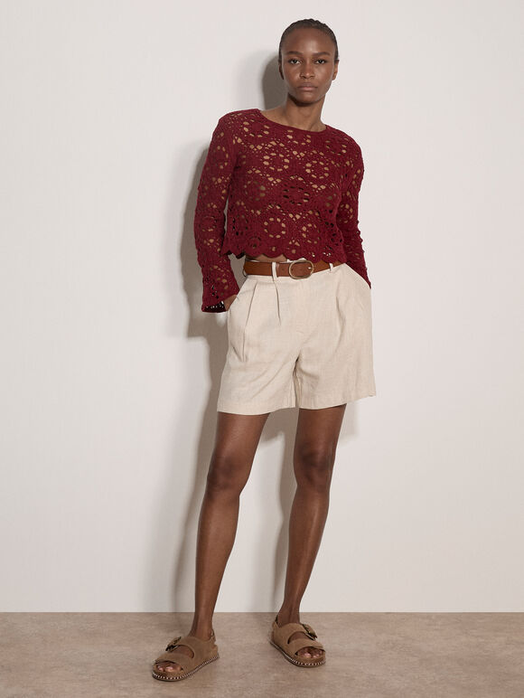 Boho Floral Cotton Crochet Top, Burgundy, large