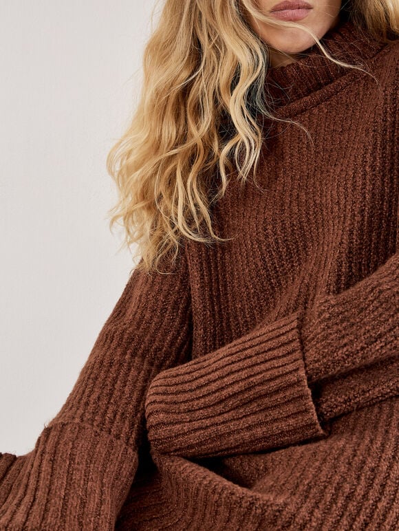 Boucle Knit Fisherman Jumper Mini Dress, Rust, large