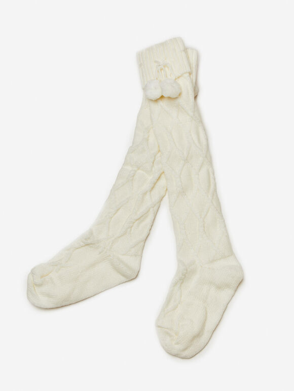 Pom Pom Knit Knee High Socks, Cream, large