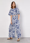Cotton Floral Print Palazzo Trousers, Blue, large