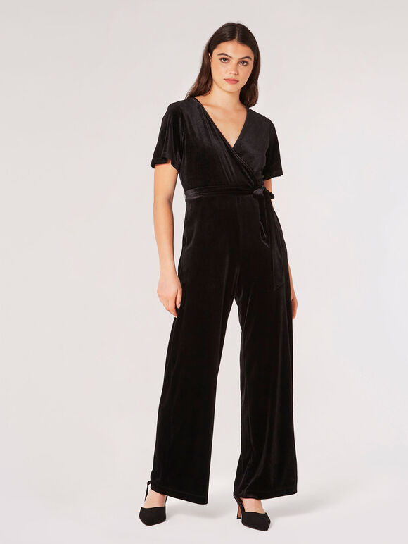 Velvet Wrap Culotte Jumpsuit, Black, large