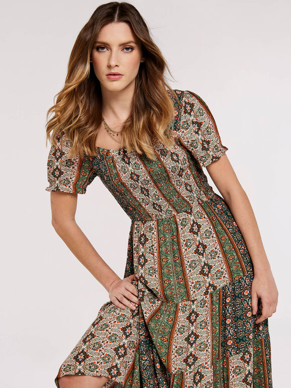 Paisley Patchwork Smocked Maxi Dress, Green, large