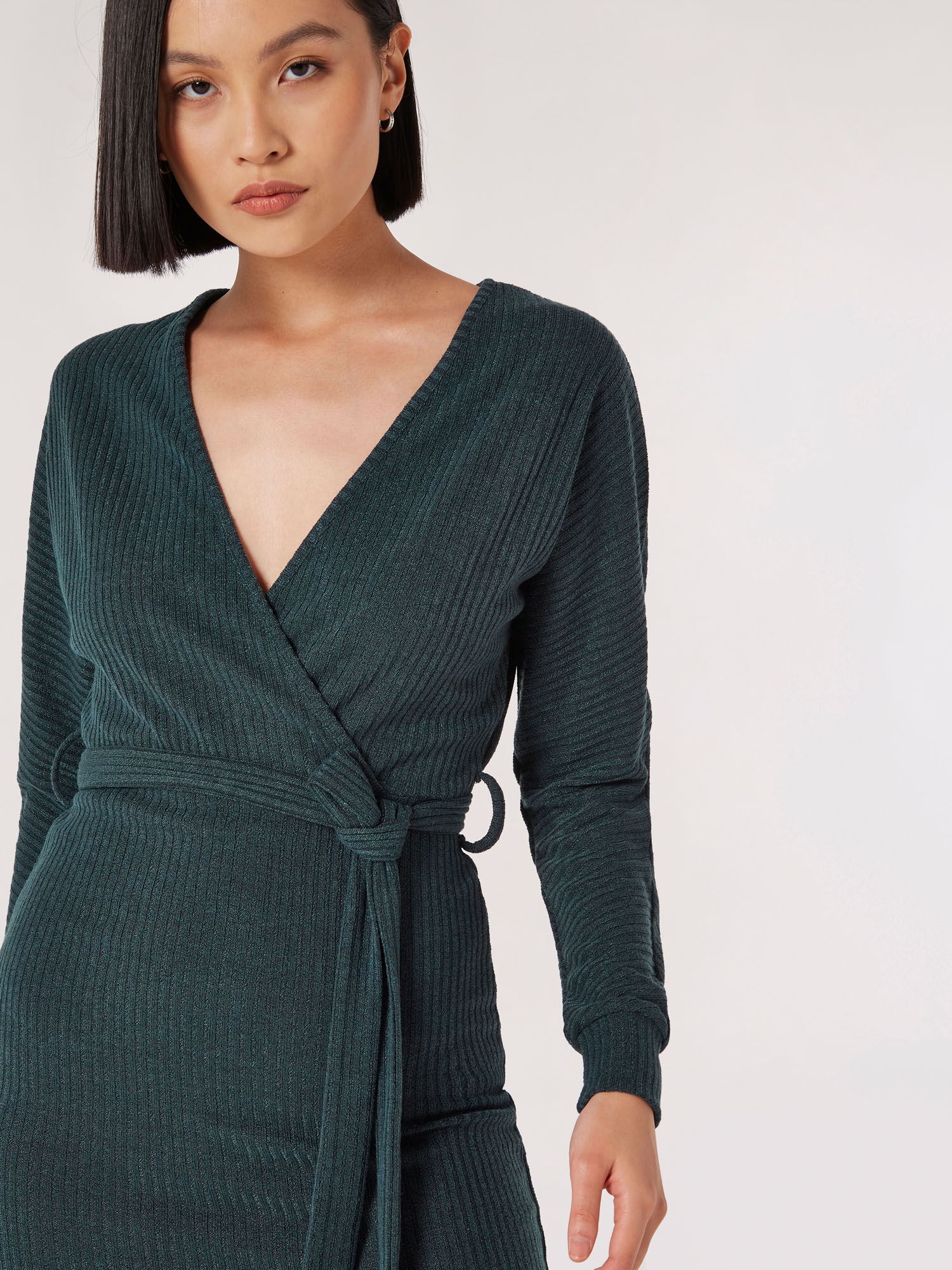Rib Knit Wrap Midi Dress Apricot Clothing