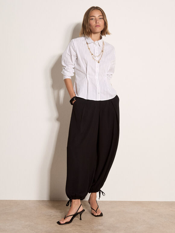 Cinched Cotton Stripe Shirt, White, large