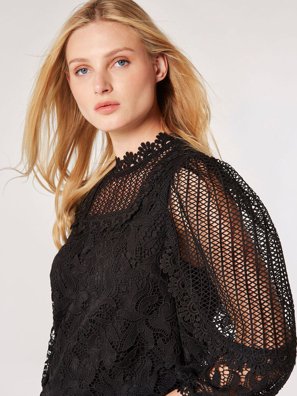 Puff Sleeve Floral Lace Top, Black, large