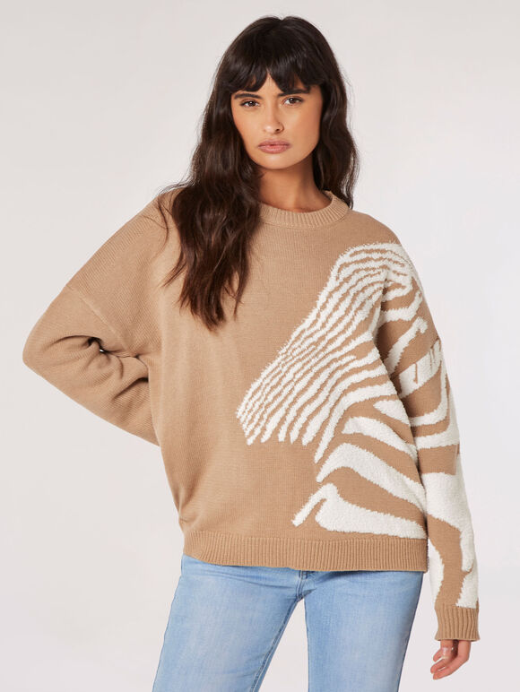 Oversized Zebra Pattern Jumper, Stone, large