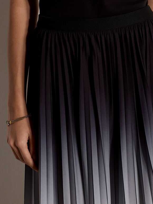 Ombre Pleated Midi Skirt, Black, large