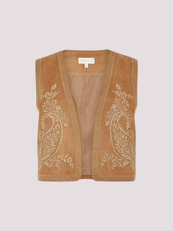 Embroidered Suedette Waistcoat, Brown, large