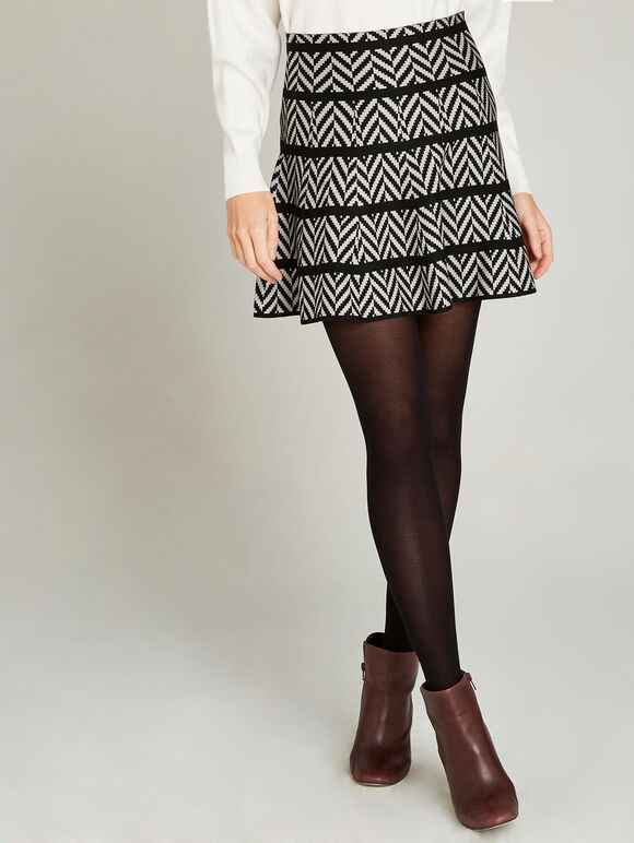 Chevron Flair Knit Skirt, Black, large